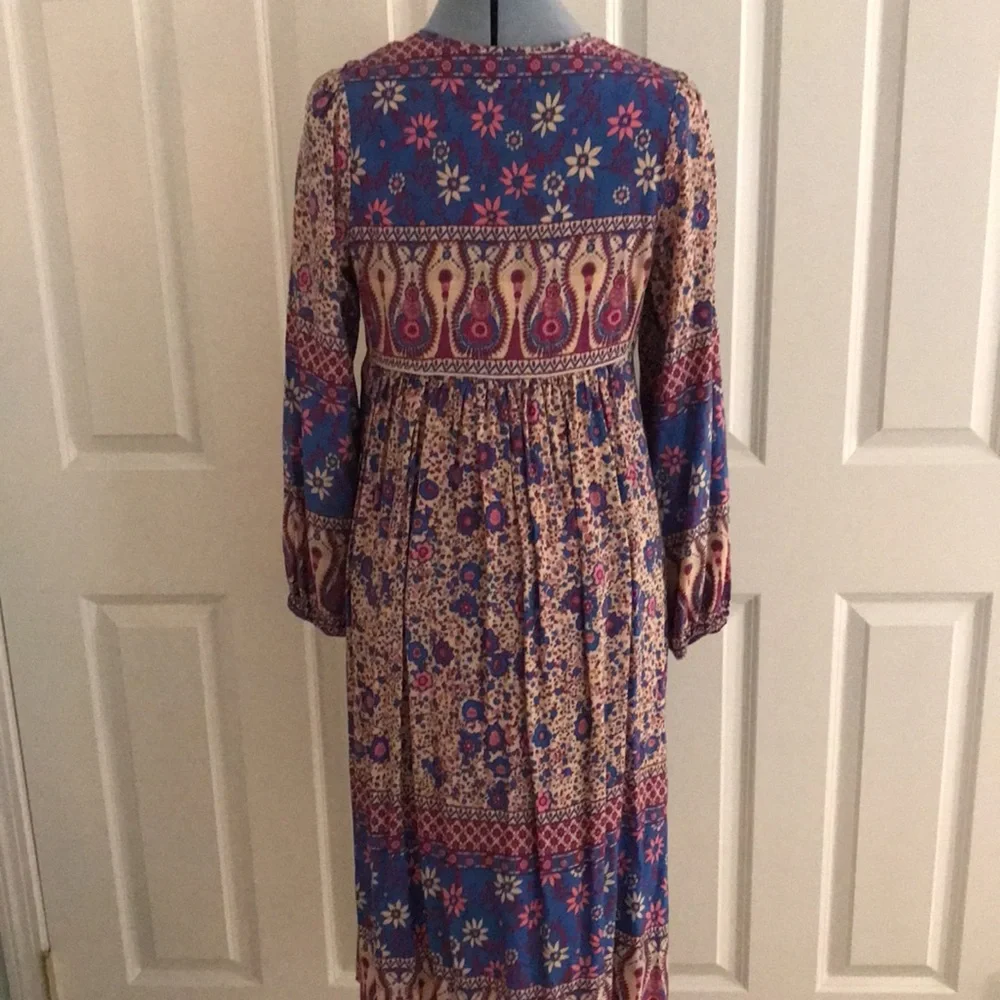 New R. Vivimos Spring Bohemian Patchwork Print Midi Dress Blue Cream Pink … - Picture 3 of 14